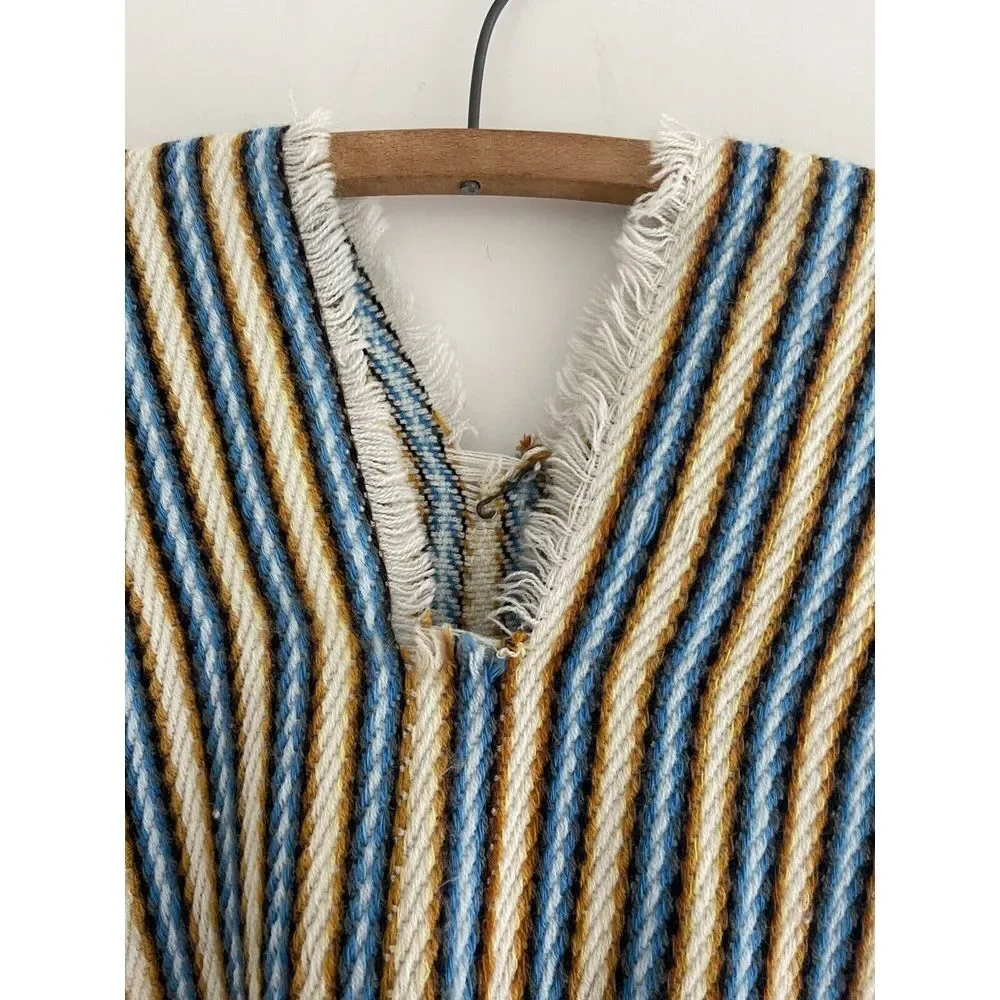 Vintage Mexican Kids Serape Pancho Blue‎ Gold Stripe Open Sides Slip On 22